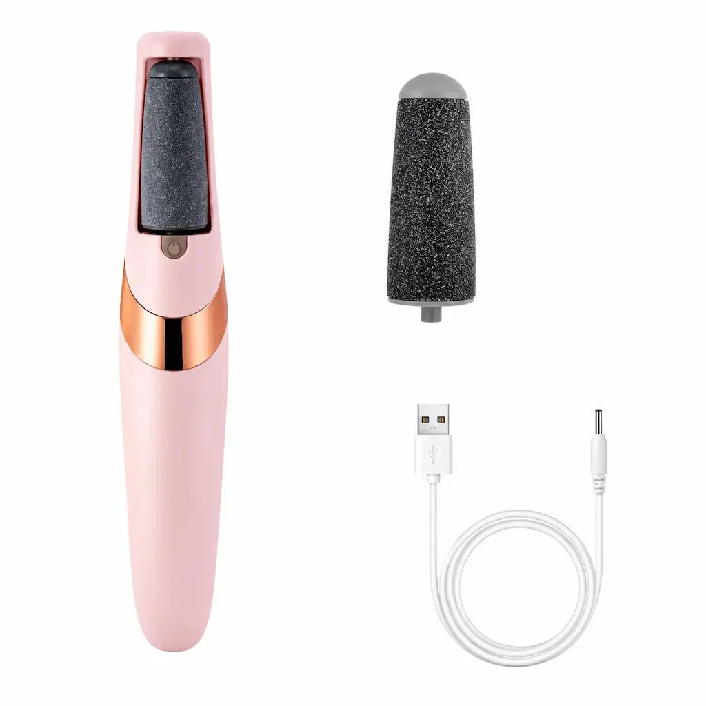 Pink electric foot file and polish machine with a rose gold accent band, shown alongside a black textured abrasive sleeve and a white USB charging cable on a plain white background.