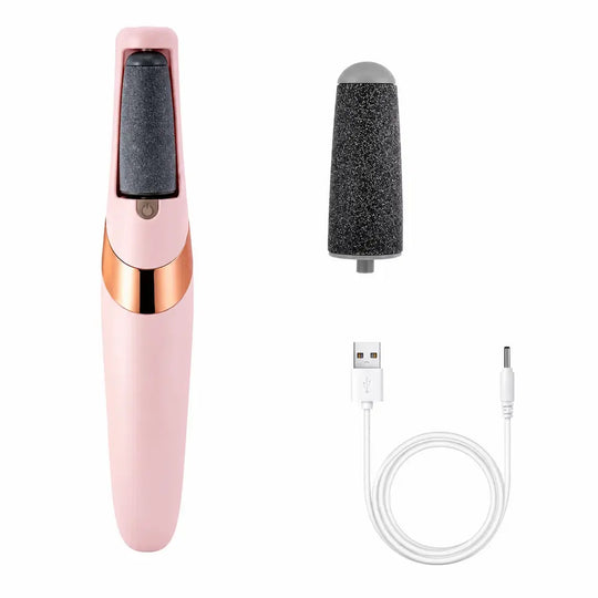 Pink electric foot file and polish machine with a rose gold accent band, shown alongside a black textured abrasive sleeve and a white USB charging cable on a plain white background.