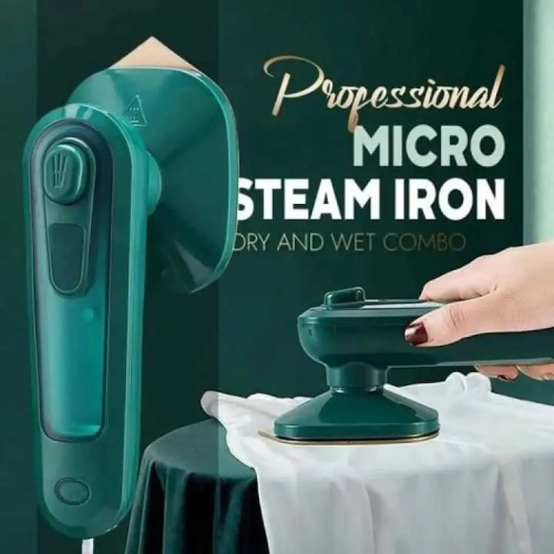 Green micro steam iron being used on a white shirt with a dark green background and text.
