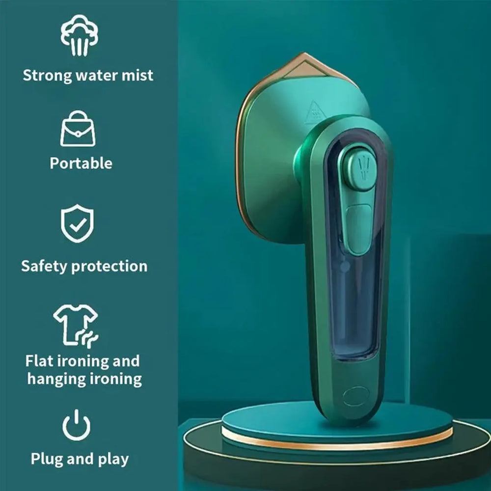 Green handheld device with features listed on a teal background