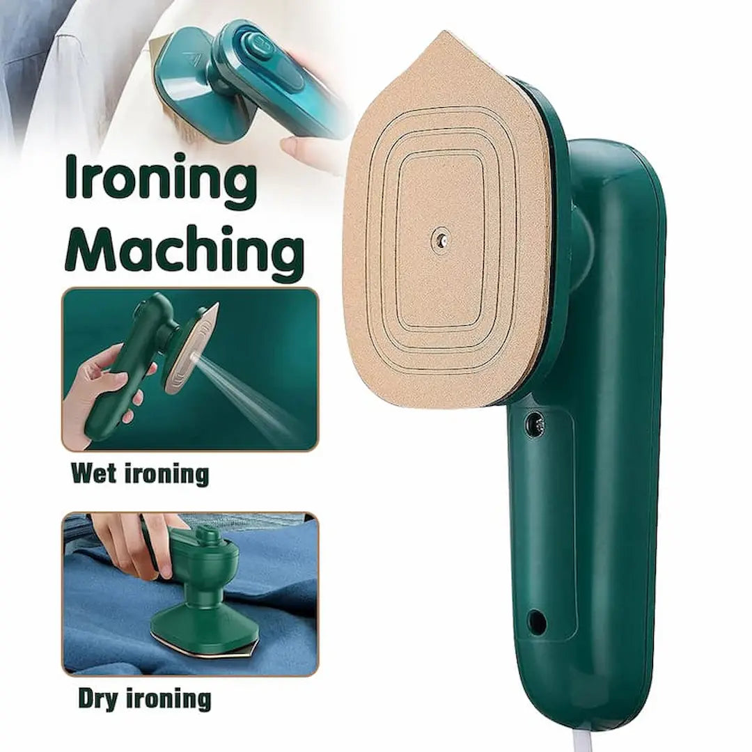 Green ironing machine with text and images showing wet and dry ironing functions on a white background.