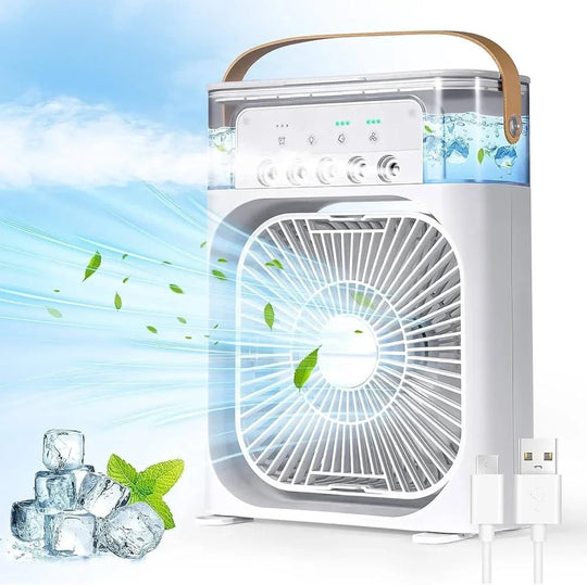 Portable air conditioner with fan blades on a blue sky background