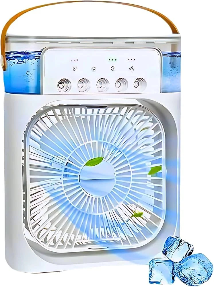 Portable air cooler with water tank and fan blades on a white background