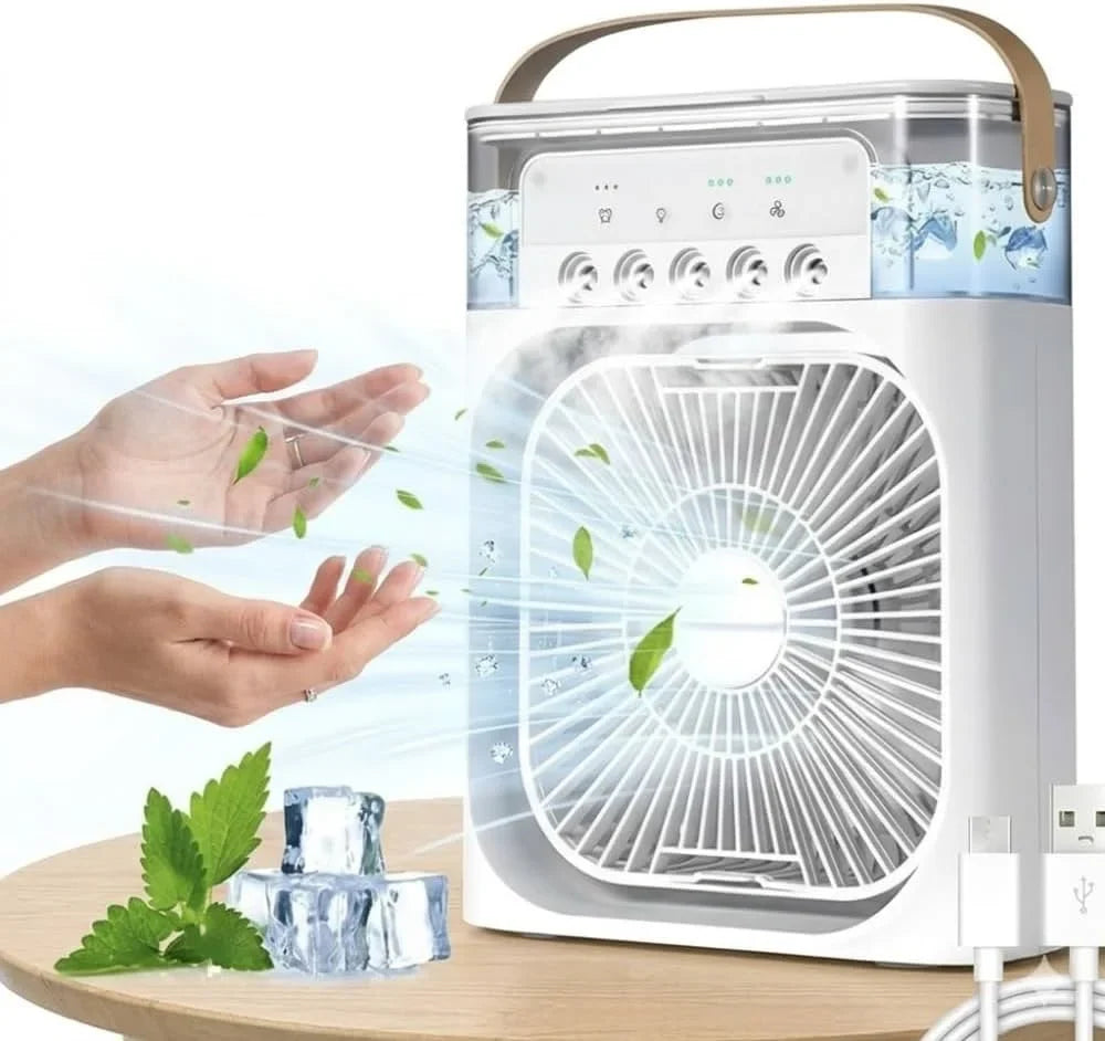 Portable air conditioner with hands and leaves on a white background