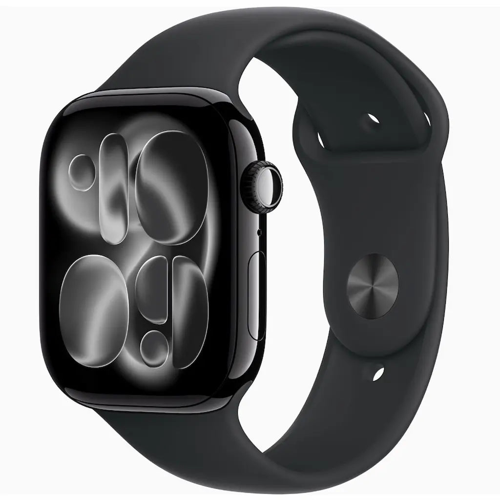 Black smartwatch with a matching black band on a white background