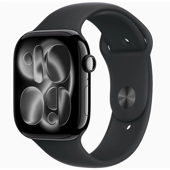 Black smartwatch with a matching black band on a white background
