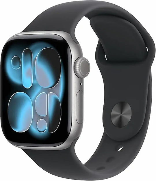 Smartwatch with a black band on a white background