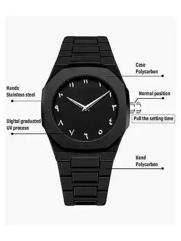 Black analog watch with a polycarbonate case and link band, shown on a white background with callout labels pointing to the hands, dial, setting crown, and materials.