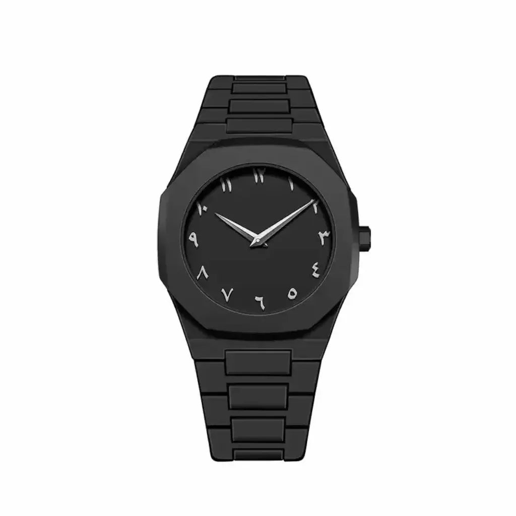 Black watch with a black strap on a white background
