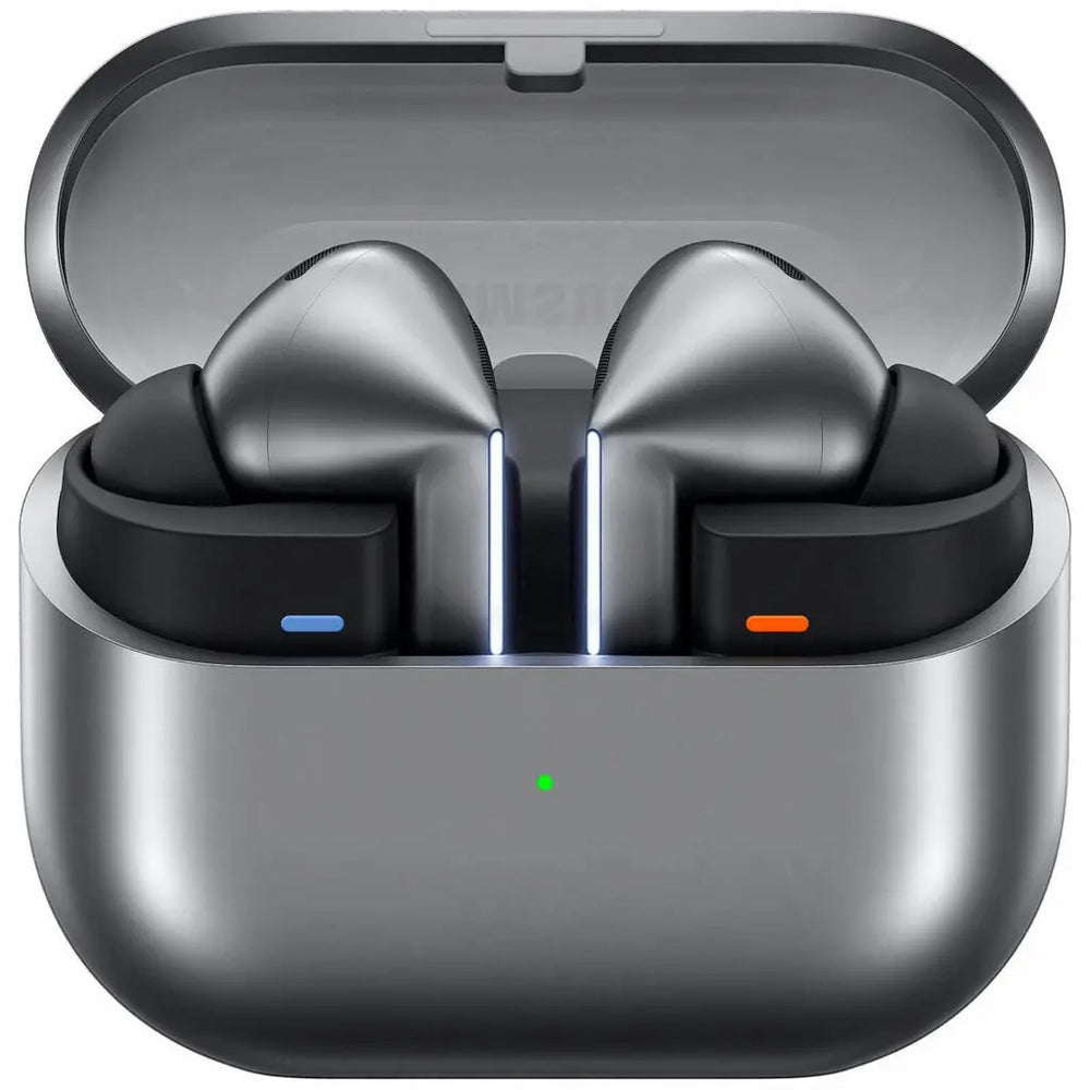 True wireless earbuds in a metallic gray charging case, shown open on a plain white background. The earbuds are black with metallic gray tips, and the case has small blue, orange, and green indicator lights.