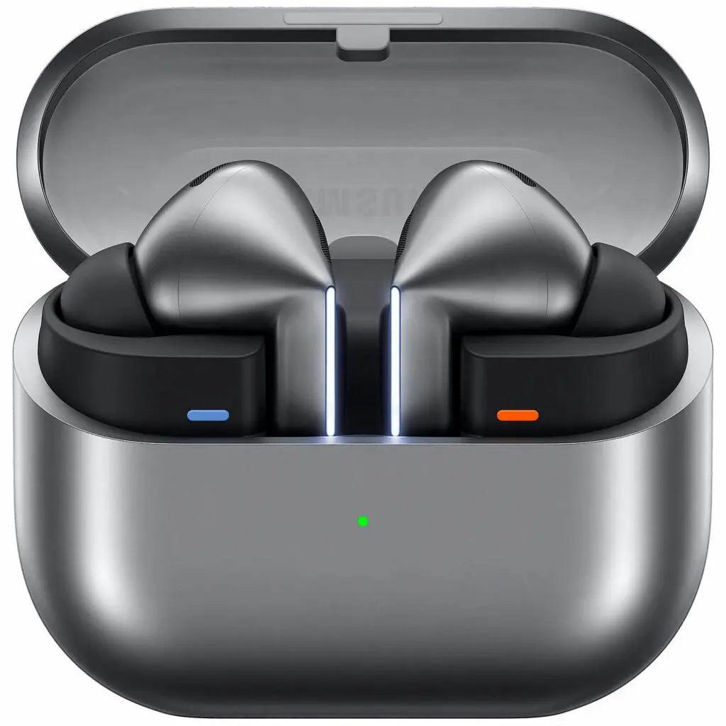 True wireless earbuds in a metallic gray charging case, shown open on a plain white background. The earbuds are black with metallic gray tips, and the case has small blue, orange, and green indicator lights.