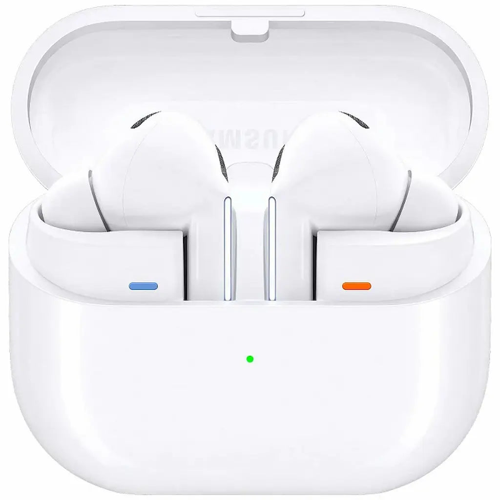 White true wireless earbuds inside an open charging case on a clean white background.
