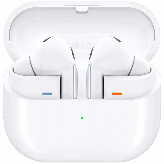 White true wireless earbuds inside an open charging case on a clean white background.