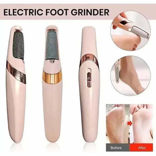 Electric foot grinder with before and after effects on feet, shown in pink and rose gold.