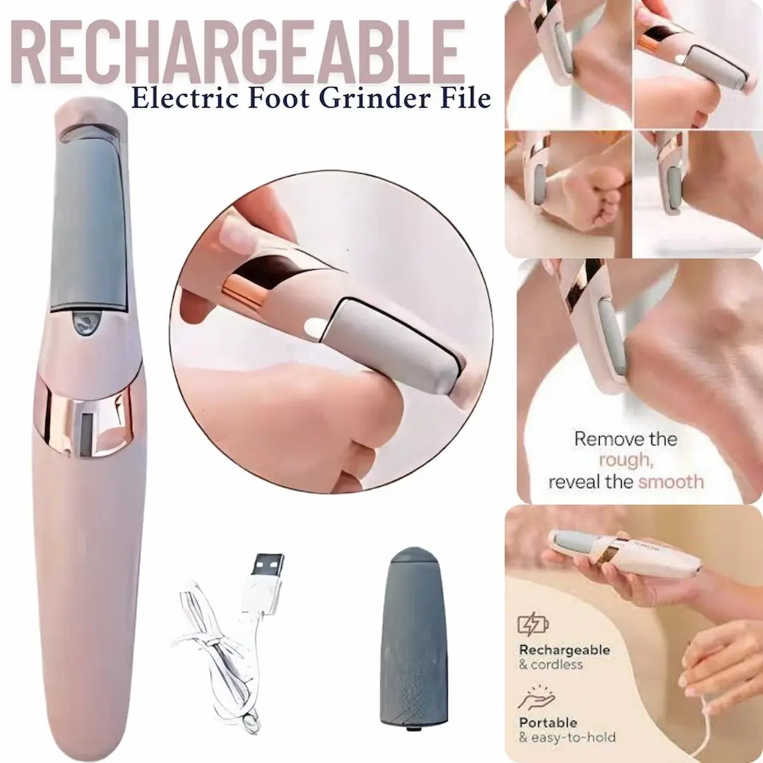 Rechargeable electric foot grinder file with USB cable and usage examples.