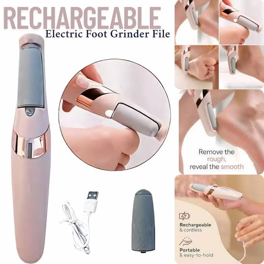 Rechargeable electric foot grinder file with USB cable and usage examples.