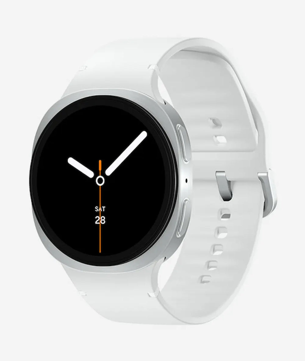A white smartwatch with a round silver bezel and a black digital watch face, shown on a light gray background.