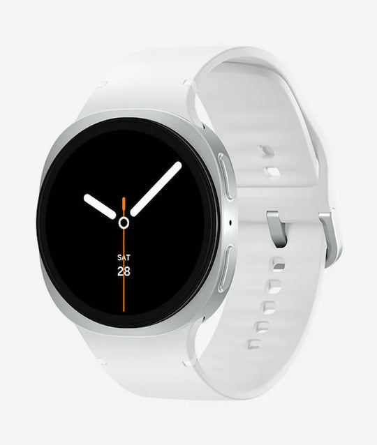 A white smartwatch with a round silver bezel and a black digital watch face, shown on a light gray background.