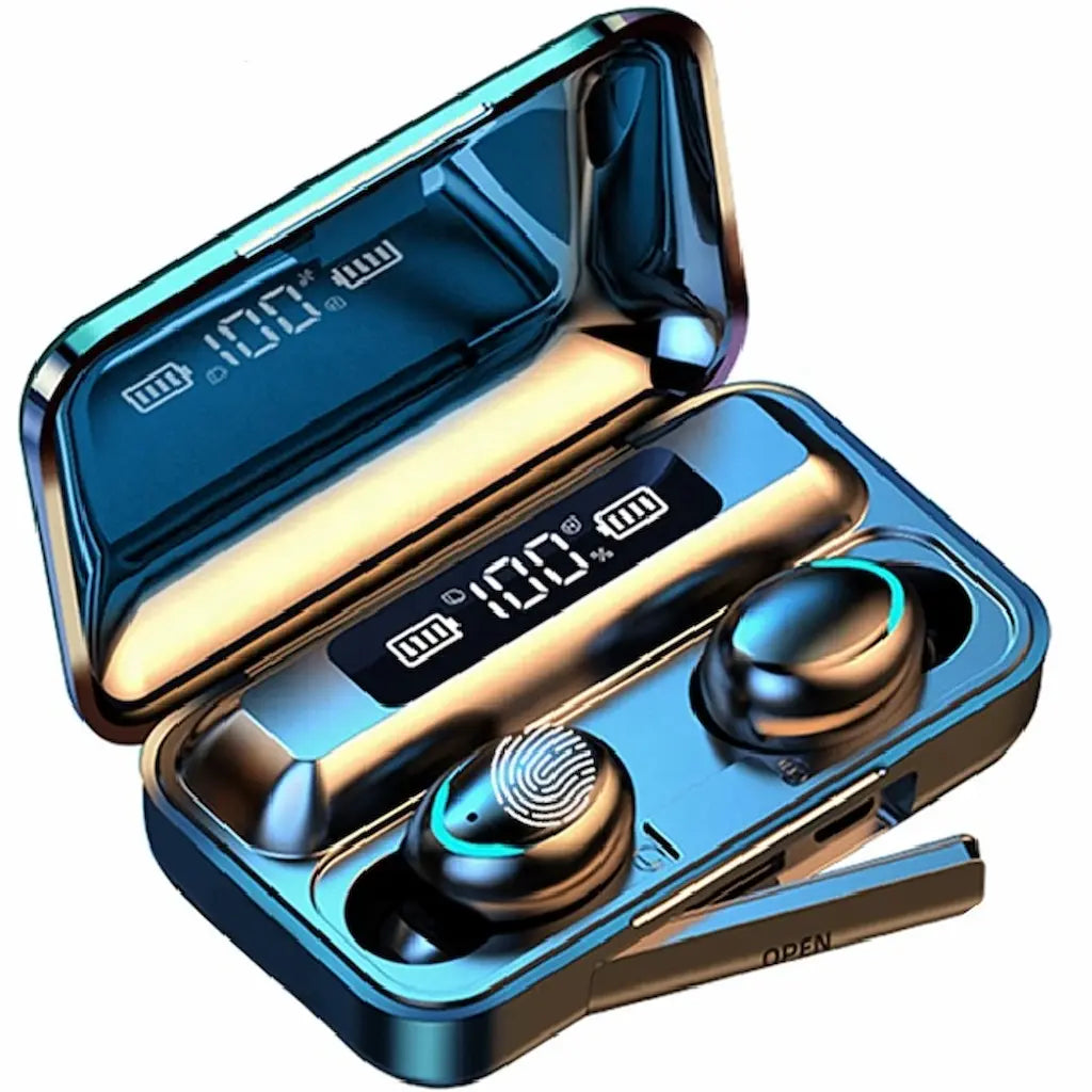Open metallic blue and gold wireless earbuds charging case with two earbuds inside and a digital battery display on the inside lid and tray, shown on a white background.