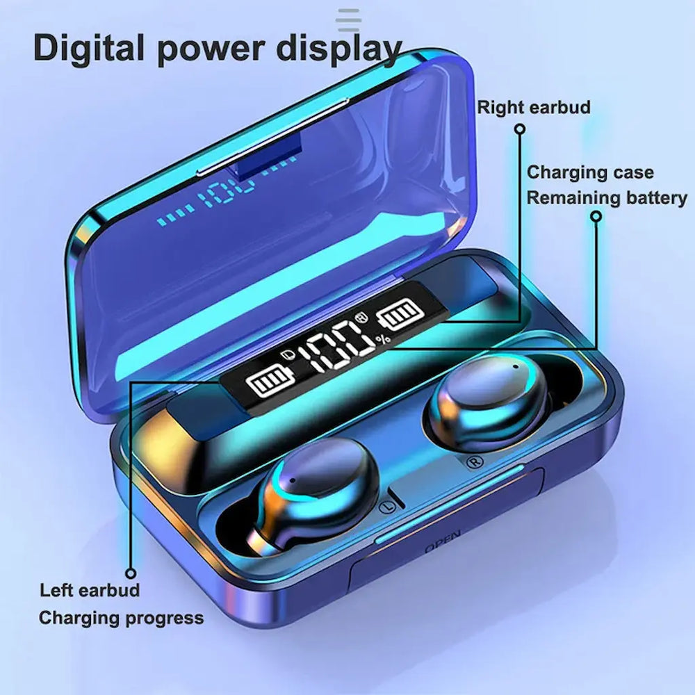 Wireless earbuds with charging case and digital power display on a light blue background