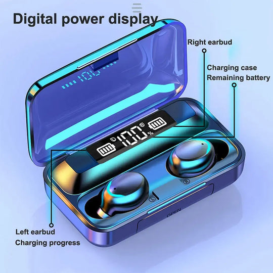 Wireless earbuds with charging case and digital power display on a light blue background