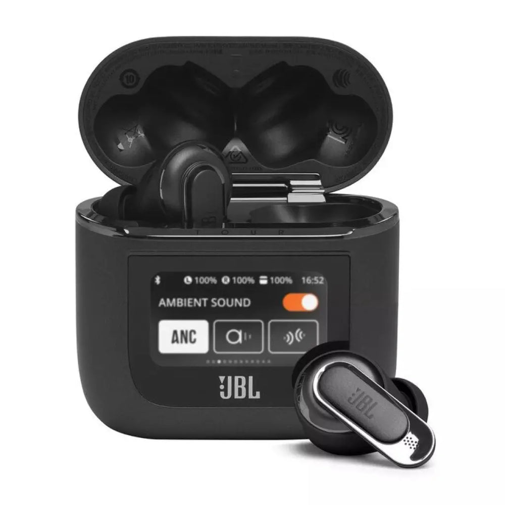 Black JBL wireless earbuds with charging case on a white background