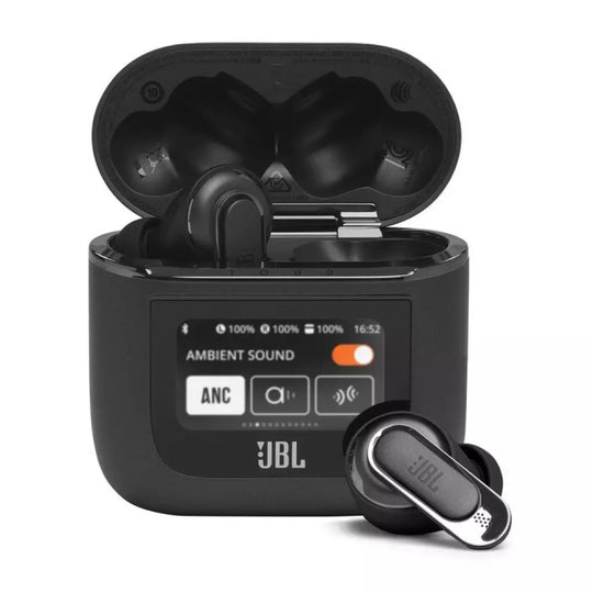 Black JBL wireless earbuds with charging case on a white background