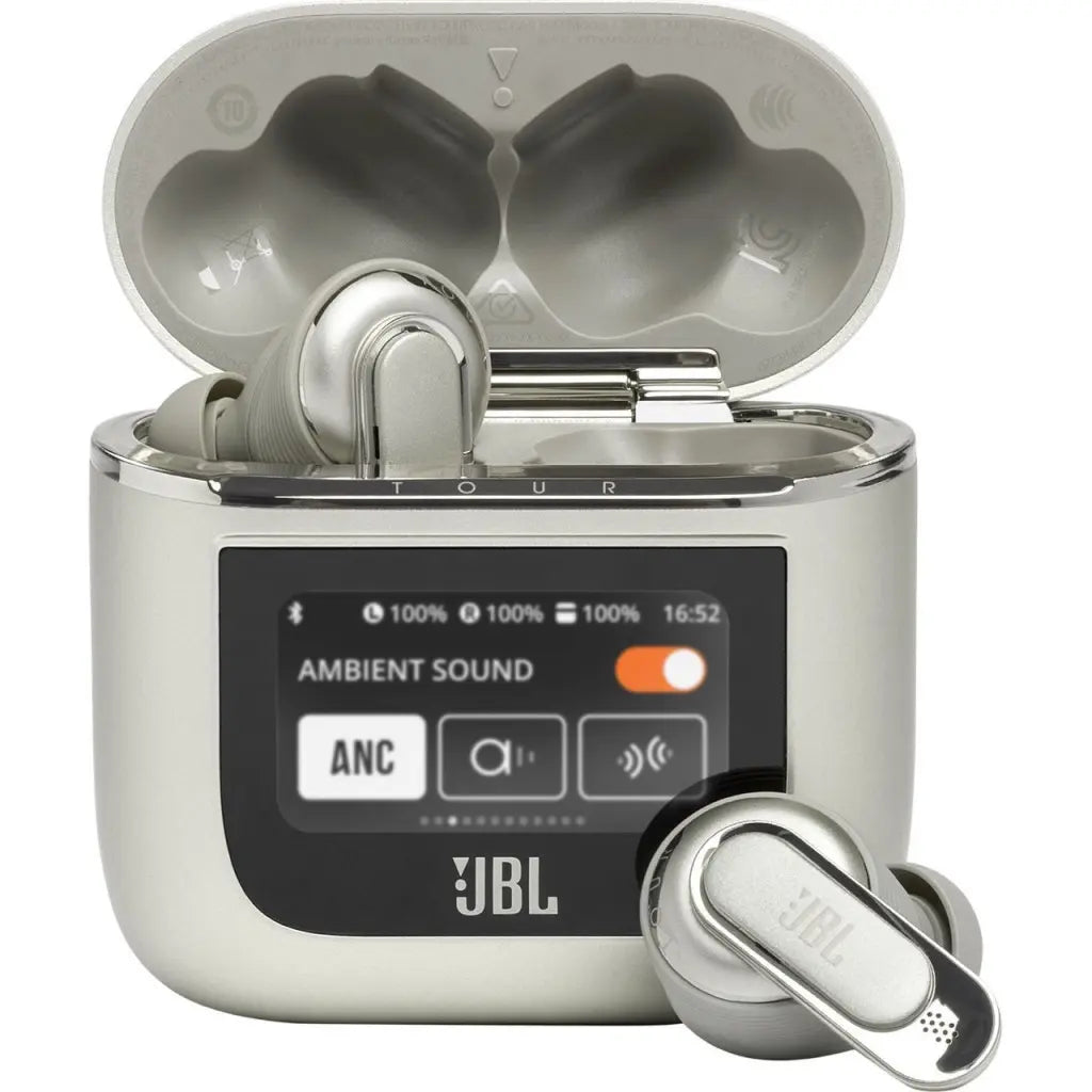 JBL wireless earbuds with charging case on a white background