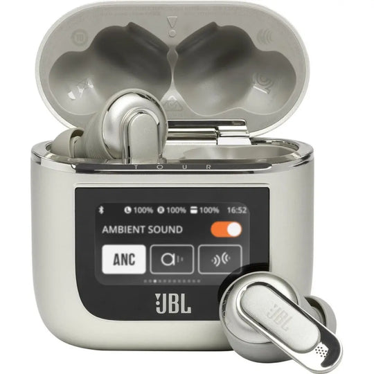 JBL wireless earbuds with charging case on a white background