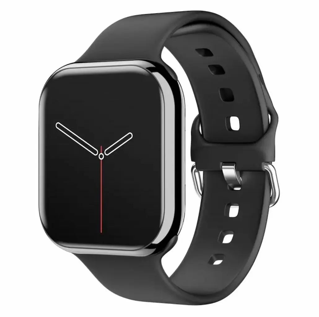 Black smartwatch with a black band on a white background