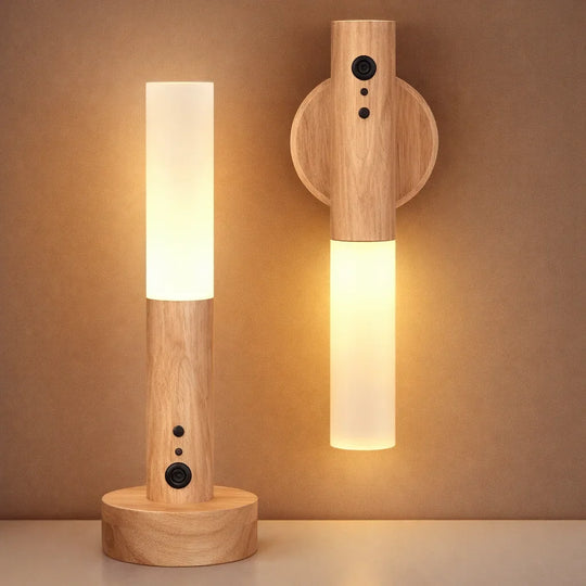 Two modern wooden wall lamps with cylindrical frosted white light sections and circular wood bases, shown against a warm brown wall. One lamp is standing on a round wooden base, and the other is mounted on a round wall plate.
